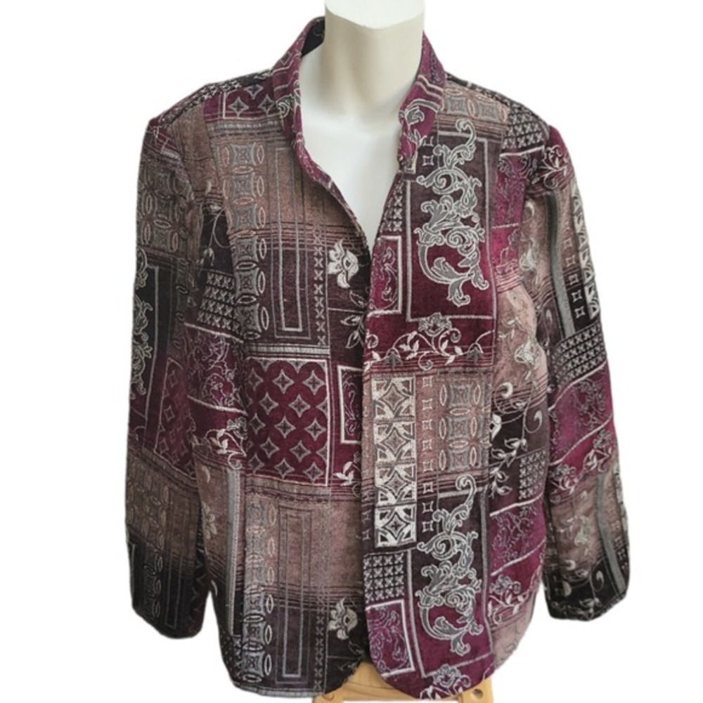 Dressbarn Jacket Womens Plus 18/20 Red Floral Tapestry Long Sleeve Blazer